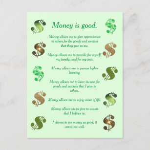 Geld ist gut, Affirmations auf Postkarten