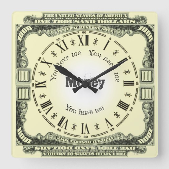 Geldscheine und Kostenvoranschlag Quadratische Wanduhr (Vorderseite)