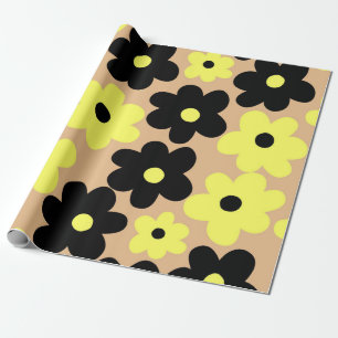 Gele Hippie-Blumenmuster mit schwarzen Akzenten im Geschenkpapier