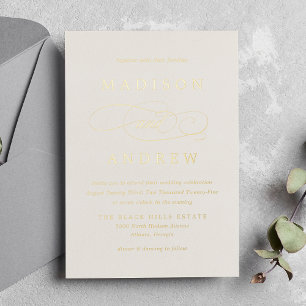 Geliebte Elfenbein- und Gold-Kalligrafie-Hochzeit Folieneinladung