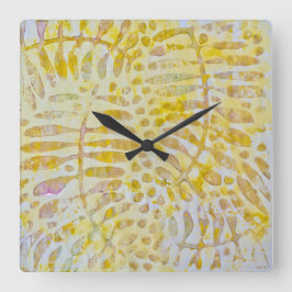 Gelli Printed Golden Blätter Quadratische Wanduhr