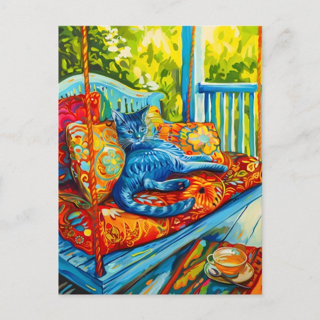 Gemälde einer Katze Grooming on Swing Postkarte (Vorderseite)
