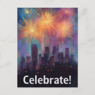 Gemälde einer Stadt-Silhouette unter Feuerwerk Postkarte