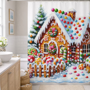 Gemälde eines farbenfrohen Zucker-Gingerbread-Haus Duschvorhang