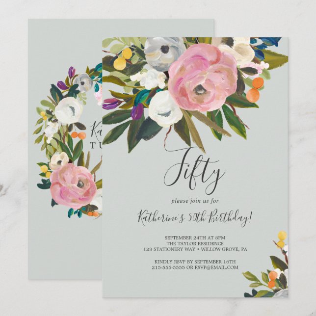 Gemälde floral 50. Geburtstag Einladung (Vorne/Hinten)