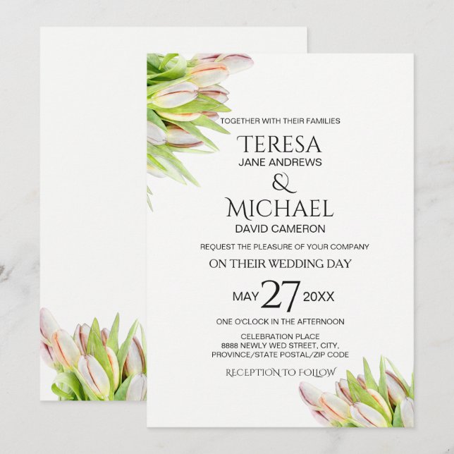 Gemälde für Hochzeiten, Rosa und Grüne Tulip Einladung (Vorne/Hinten)