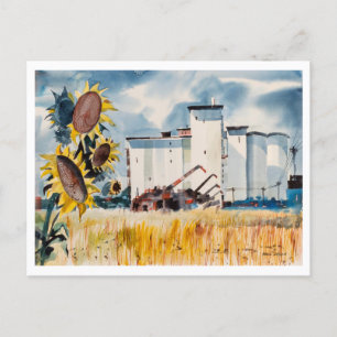 Gemälde Getreidesilo mit Sonnenblumen Postkarte