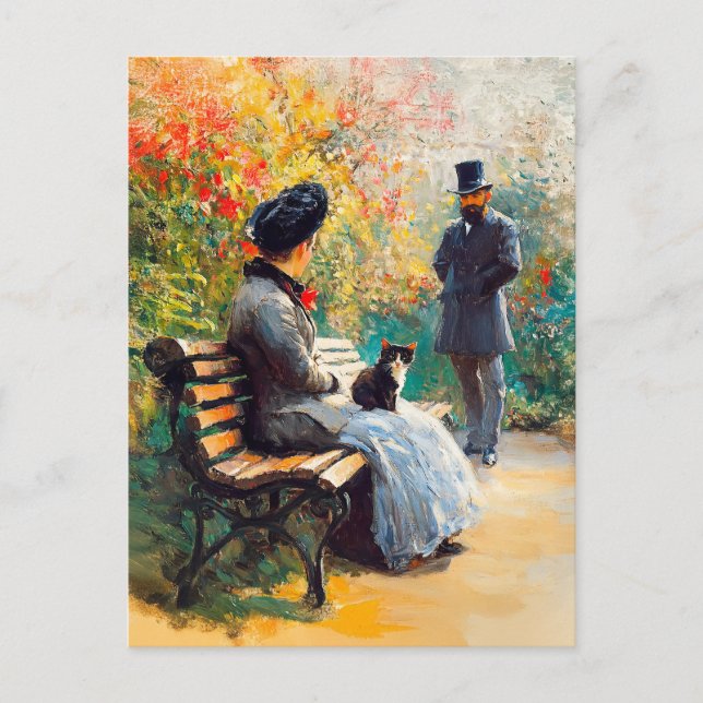 Gemälde im Garten mit Katze auf dem Sprung Postkarte (Vorderseite)