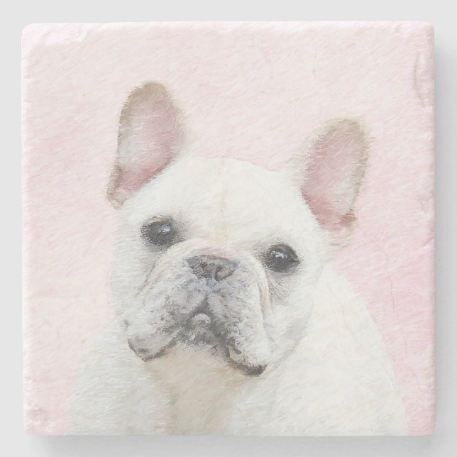 Gemälde von Französisch-Bulldog (Cream/White) - Hu Steinuntersetzer (Vorderseite)