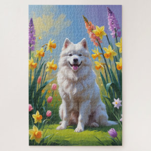 Gemälde von Samoyed Dog Spring Blumen