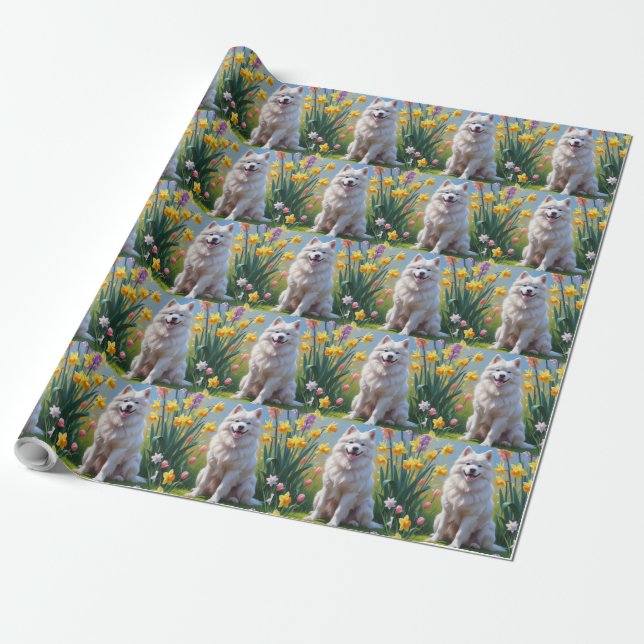 Gemälde von Samoyed Dog Spring Blumen Geschenkpapier (Ungerollt)