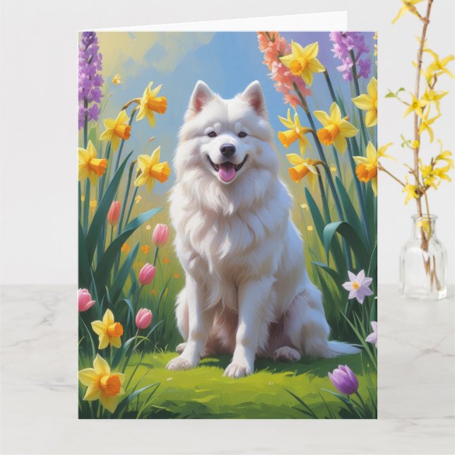 Gemälde von Samoyed Dog Spring Blumen Karte (Gelbe Blume)