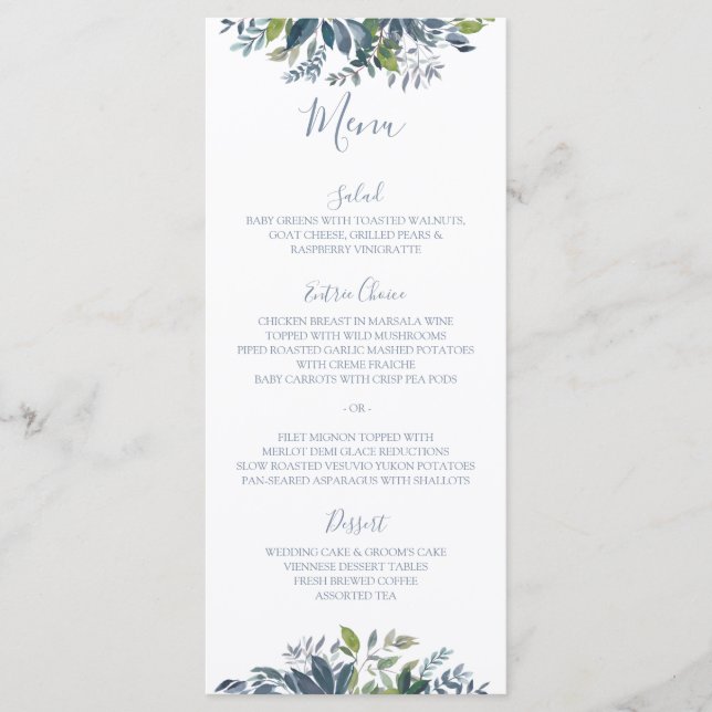 Gemäldete Grünpflanzen Hochzeitsmenüs Dusty Blue Menükarte (Vorderseite)