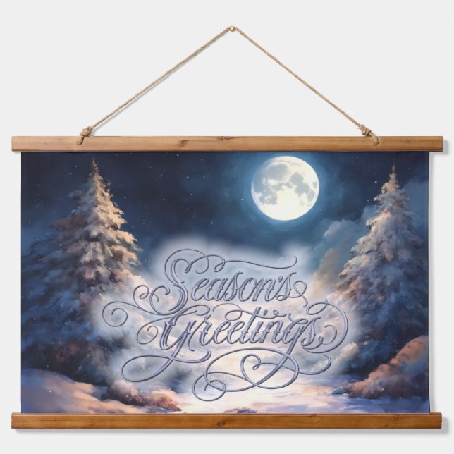 Gemäldete Mondlichter Schneewinterszene Wandteppich Mit Holzrahmen (Vorne)