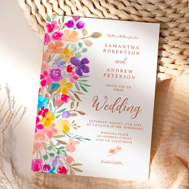 Gemäldete Wildblumen Foto Hochzeitsschrift Einladung (Painted garden wildflowers photo script wedding invitation)