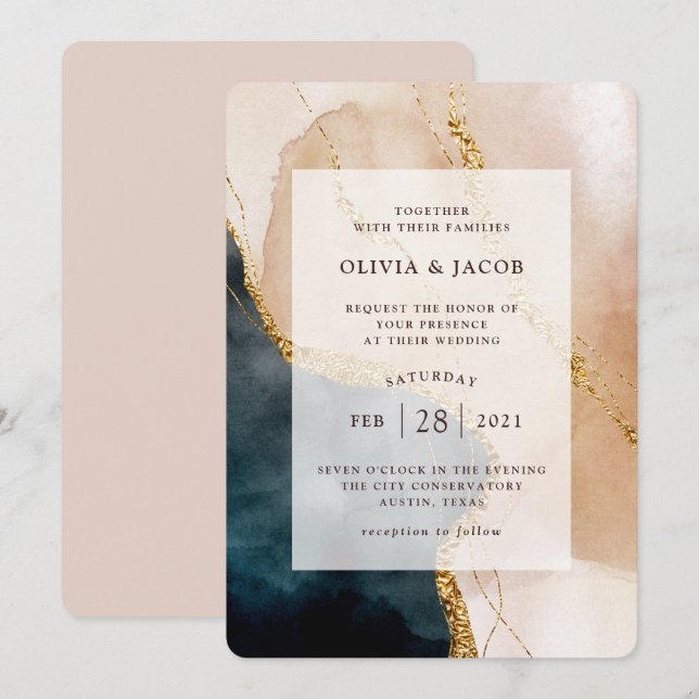 Gemäldeter Glamour| Hochzeit mit Imitaten Gold Einladung (Vorne/Hinten)