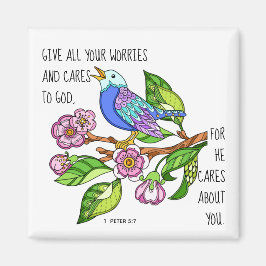 Gemäldeter Vogel, Vers 1 Peter 5:7 Magnet
