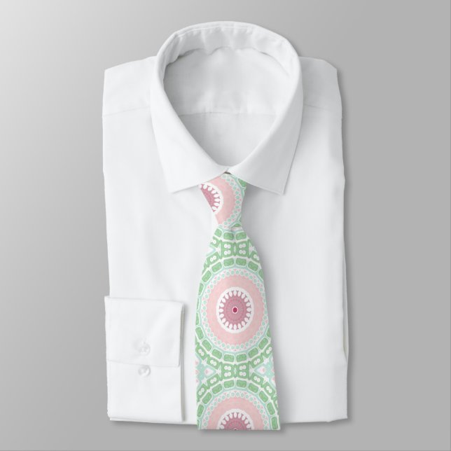 Gemäldetes Medallion Muster in Rosa und Grün Krawatte (Gebunden)