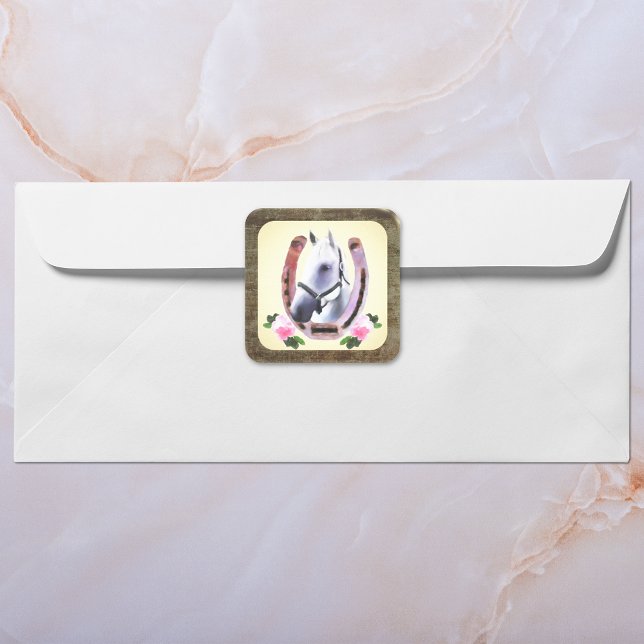 Gemäldetes Pferd in Imitaten Lederrahmen Quadratischer Aufkleber (Von Creator hochgeladen)