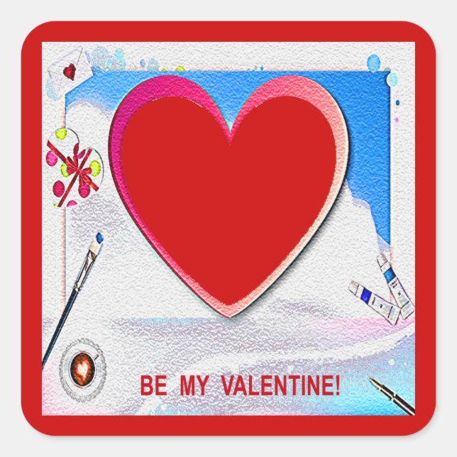 Gemäldetes Valentinherz Hinzufügen Ihres Fotos Quadratischer Aufkleber (Vorderseite)