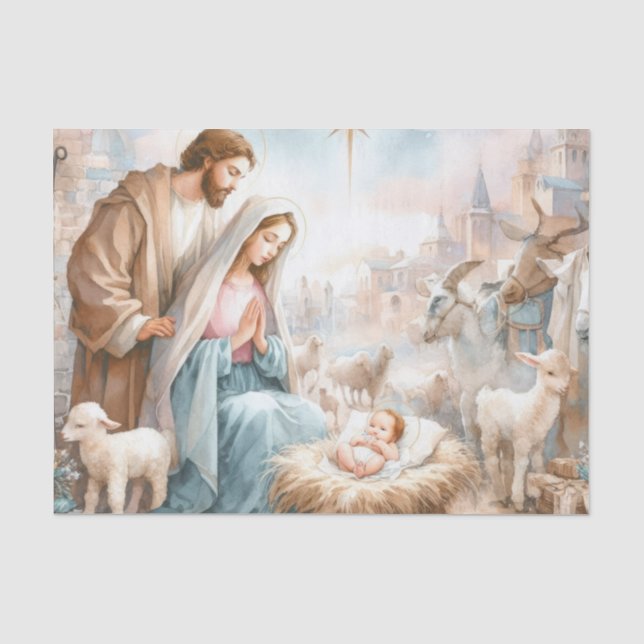Gemalt Heilige Familienszene mit Tieren Seidenpapier (Vorderseite)