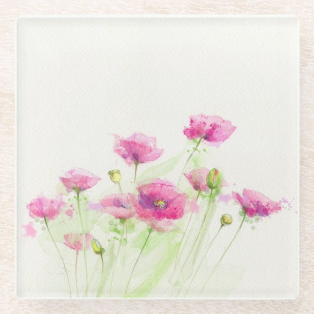 Gemalte Aquarellmohnblumen 3 Glasuntersetzer (Vorderseite)