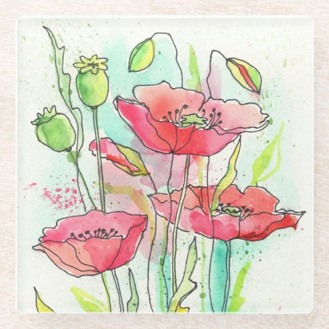 Gemalte Aquarellmohnblumen Glasuntersetzer (Vorderseite)