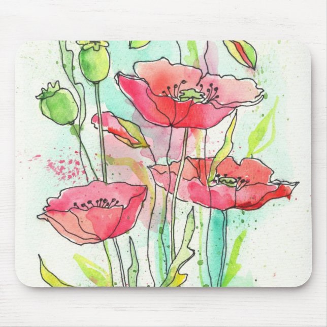 Gemalte Aquarellmohnblumen Mousepad (Vorne)