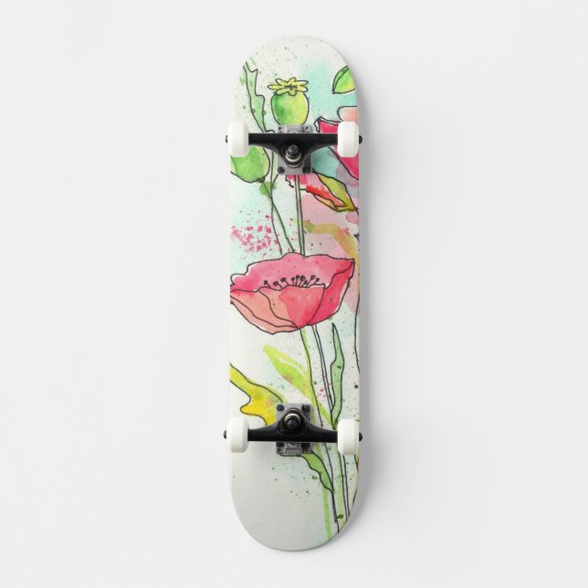 Gemalte Aquarellmohnblumen Skateboard (Vorderseite)