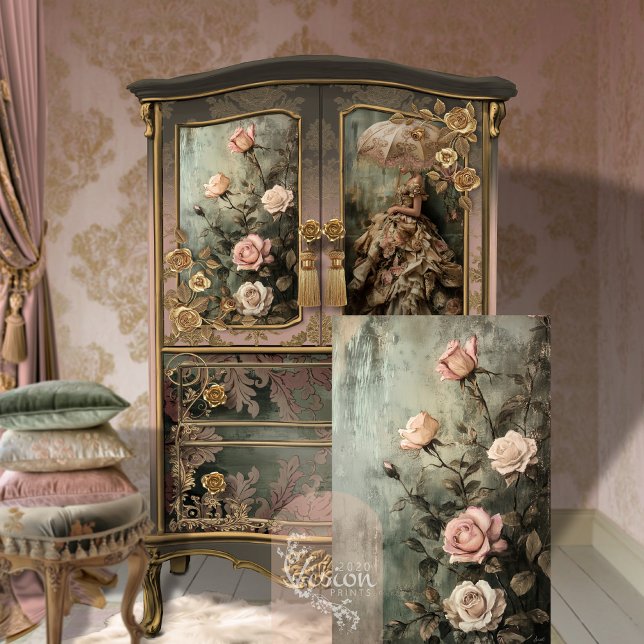 Gemalte florale Romantische Rose Dusty Colors Seidenpapier (Romantic Rose, Vintage Painted Floral Dusty colours, Decoupage Tissue Paper.)