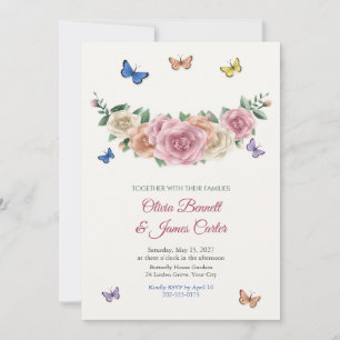 Gemalte Gartenrosen und Schmetterlinge Hochzeit Einladung