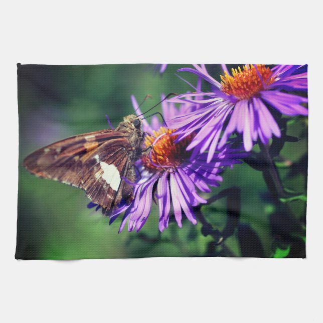Gemalte Lady Butterfly auf Wild Aster Blume Geschirrtuch (Horizontal)