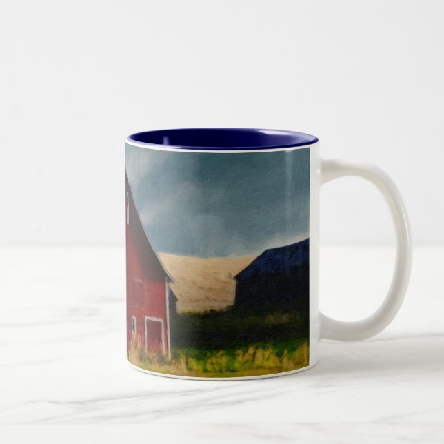 Gemalte rote Scheune Zweifarbige Tasse (Rechts)
