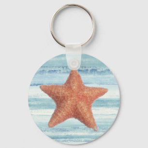 Gemalte Starfish auf blauen Aquarell-Streifen Schlüsselanhänger