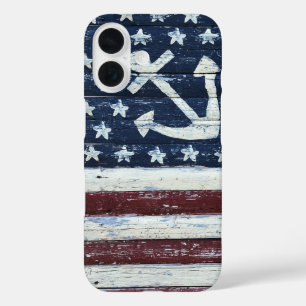 Gemalte USA-Flagge und Anker auf Holz iPhone 16 Hülle