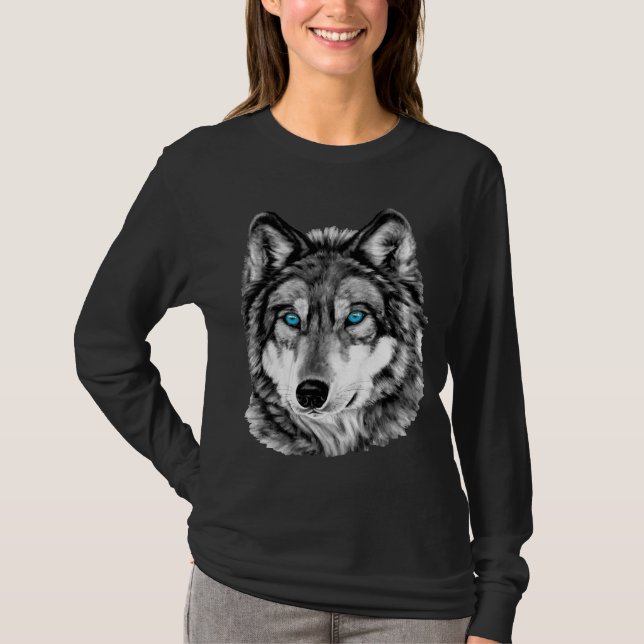 Gemalte Wolfgrayscale-blaue Augen T-Shirt (Vorderseite)