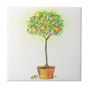 Gemalter Aquarellzitrusfruchtbaum im Topf Fliese
