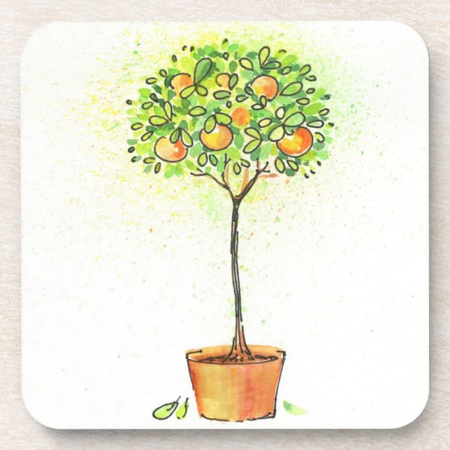 Gemalter Aquarellzitrusfruchtbaum im Topf Untersetzer (Vorderseite)
