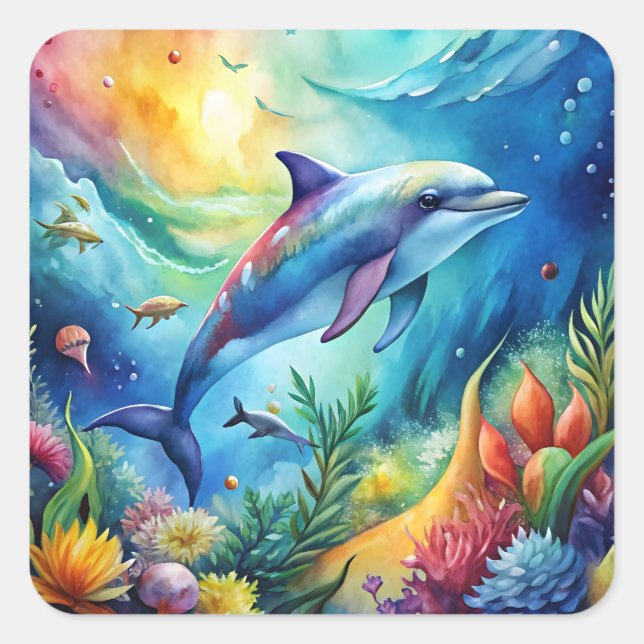 Gemalter Delfin Quadratischer Aufkleber (Vorderseite)