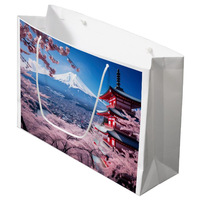 Gemalter Fuji-Berg in Kirschblütensaison Große Geschenktüte (Vorderseite Schrägansicht)