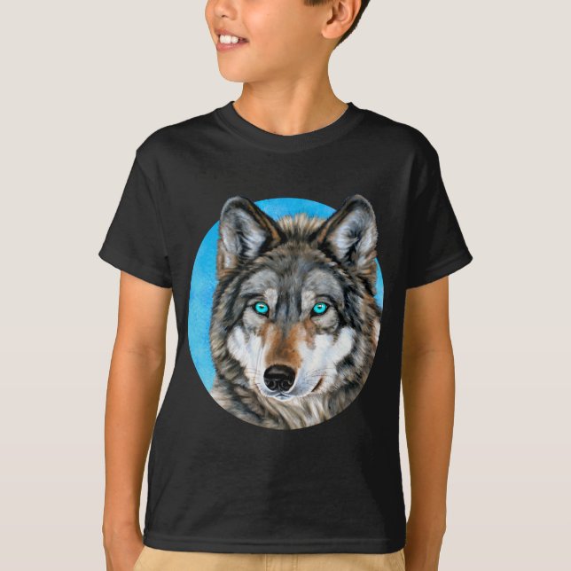 Gemalter Wolf (blaue Augen) T-Shirt (Vorderseite)