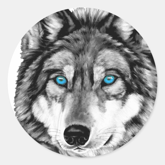 Gemalter Wolf Graustufen Blaue Augen Runder Aufkleber (Vorderseite)