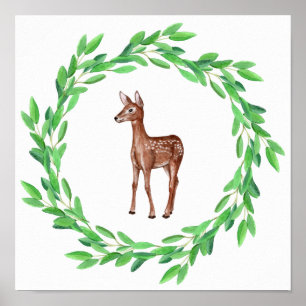 Gemaltes Babyhirsch Reh Kranz aus Blättern Poster