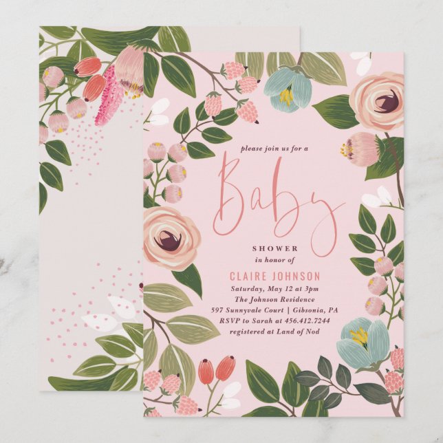 Gemaltes Blumenrosa der Babyparty-Einladungs-| Einladung (Vorne/Hinten)