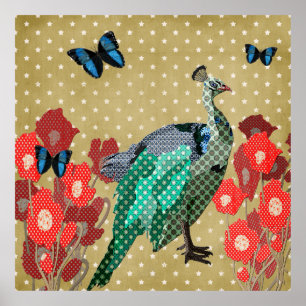 Gemaltes Pfau-u. Pfingstrosen-Goldstern-Plakat Poster