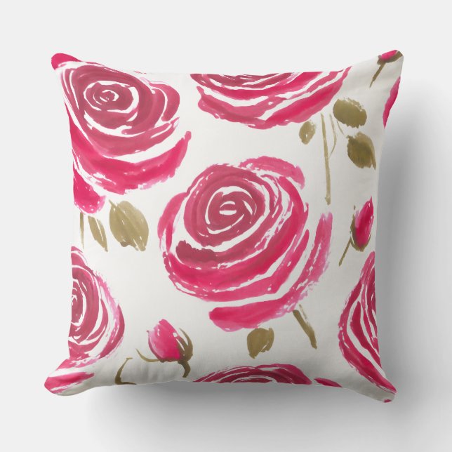 gemaltes rotes Rosenmuster Kissen (Vorderseite)
