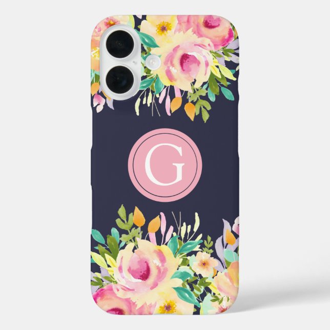 Gemaltes Wasserfarben-Blumenmonogramm Iphone 16 Hü Hülle (Rückseite)