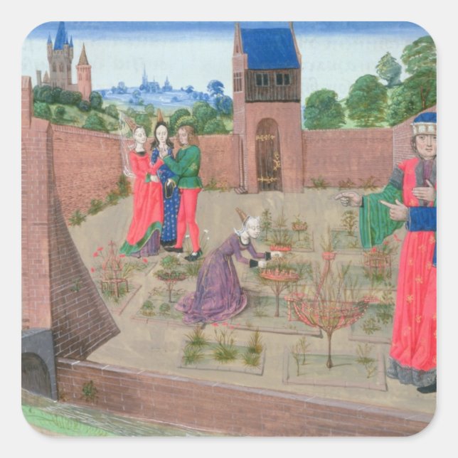 Gemauerter Garten mit Frauengärtnern Quadratischer Aufkleber (Vorderseite)