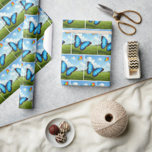 Gemeiner Morpho-Schmetterling fliegt einen Drachen Geschenkpapier