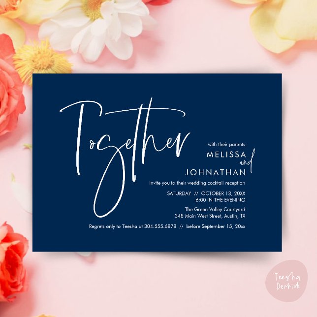 Gemeinsam mit ihren Eltern, Hochzeitsempfang Einladung (Together with their parents, Wedding Reception Invitation Card PDF Modern clean Navy Blue)